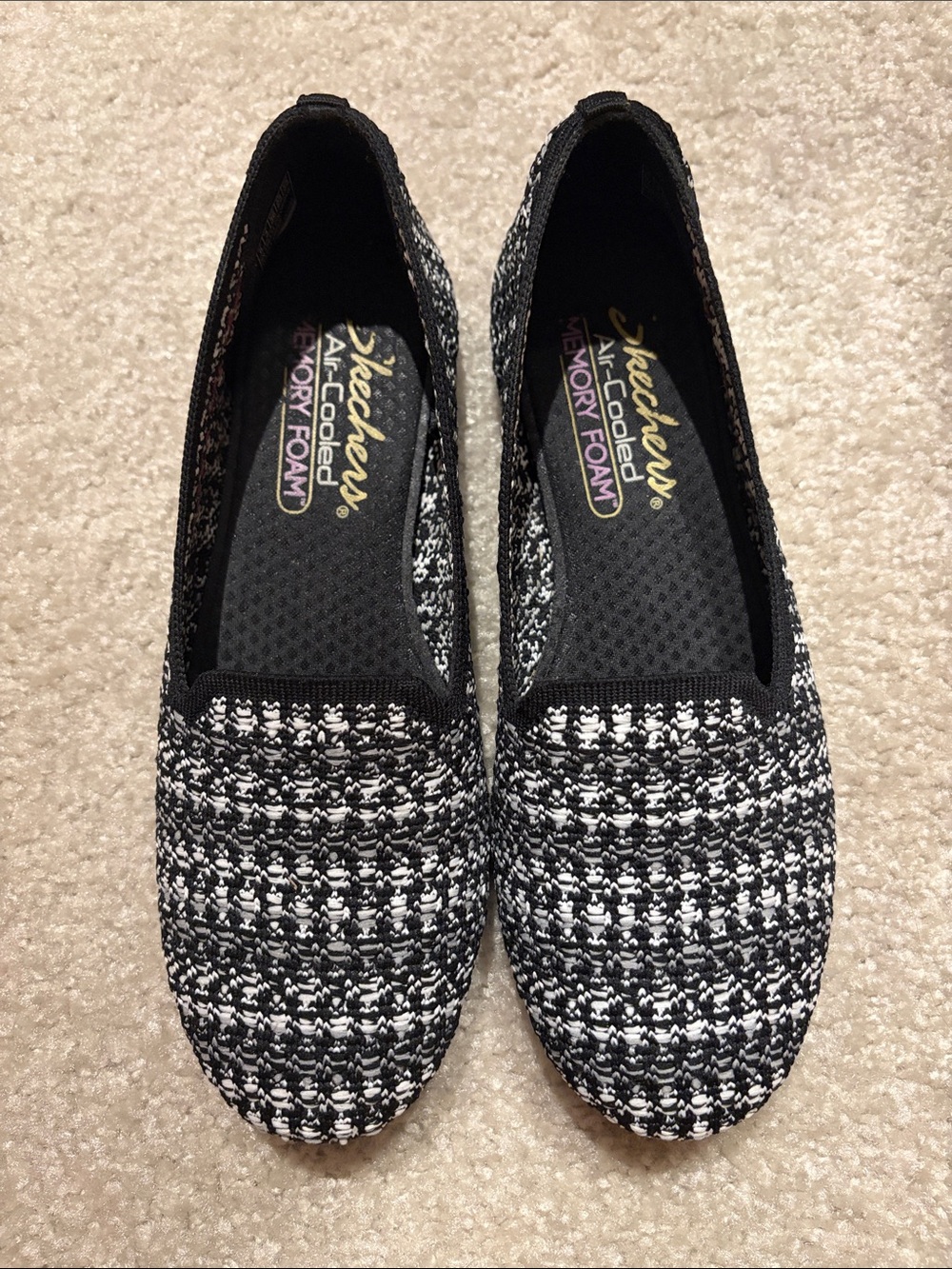 Skechers Black & White Knit Slip-On Memory Foam Flats